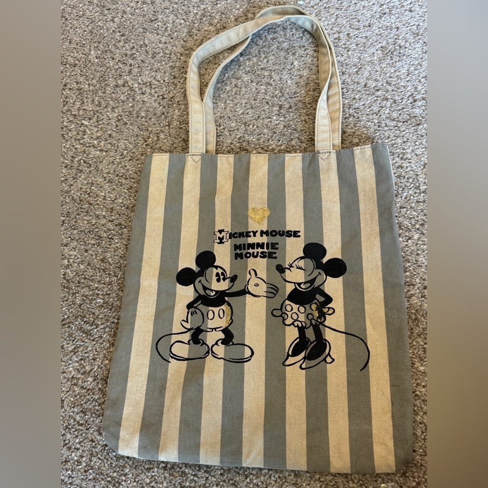 Mickey Mouse & Minnie Mouse Striped Tote Bag - Gray and Cream - Picture 2 of 6